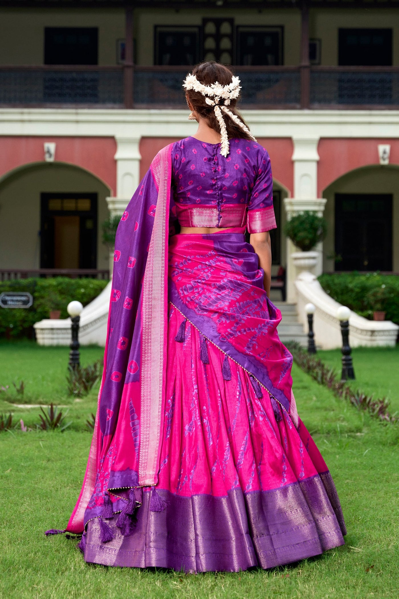 Pink & Purple Shibori Print Dola Silk Lehenga Choli with Zari Weaving Border ✨