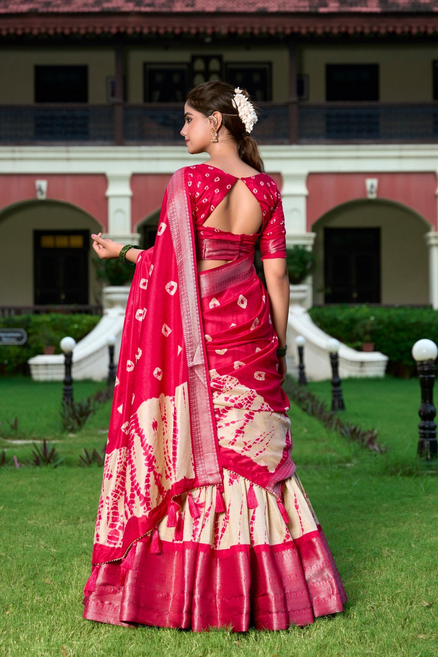 Shibori Print Dola Silk Lehenga Choli Set – Red & Ivory with Zari Weaving Border