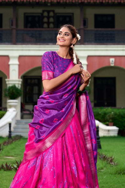 Pink & Purple Shibori Print Dola Silk Lehenga Choli with Zari Weaving Border ✨