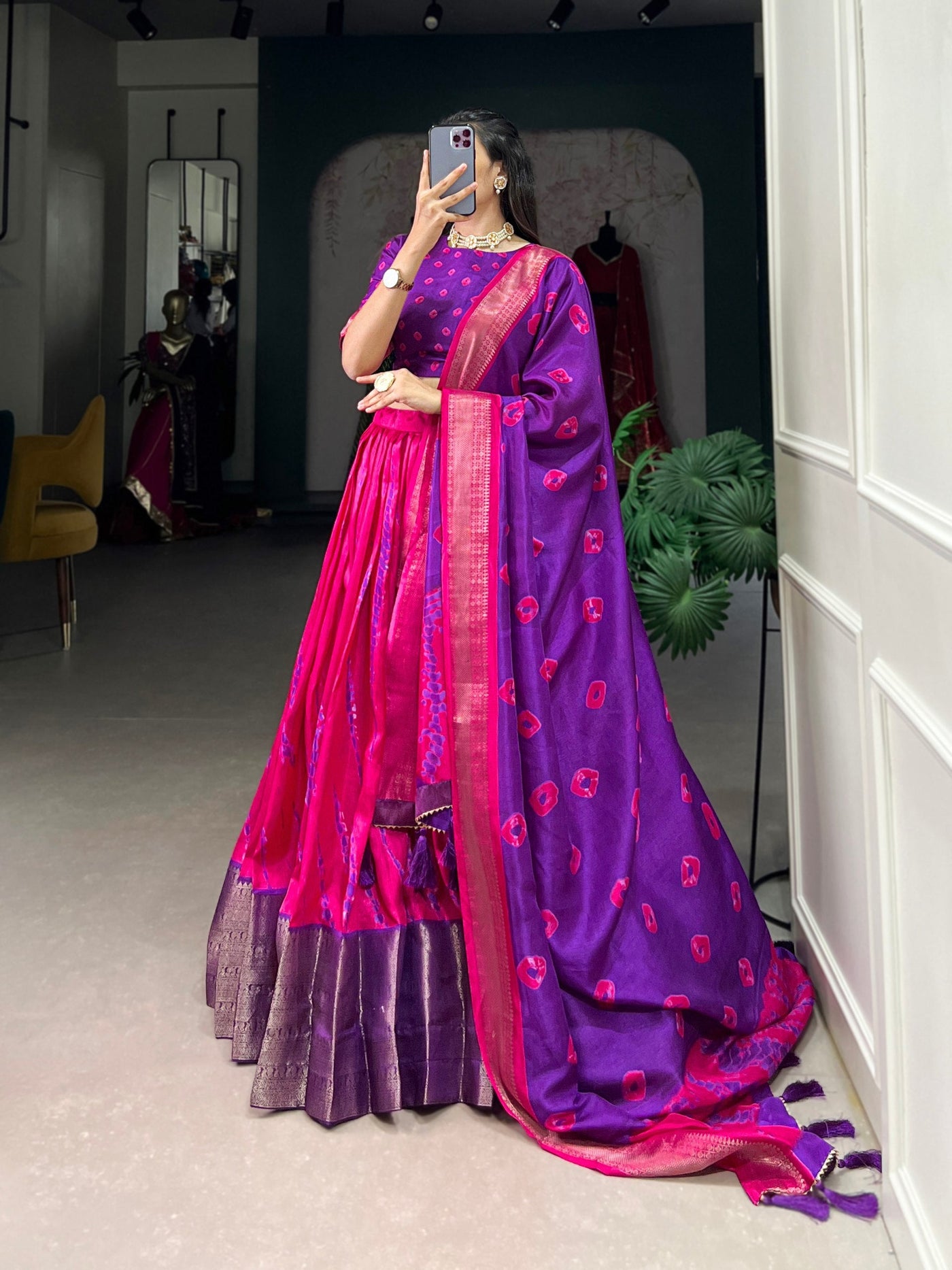 Pink & Purple Shibori Print Dola Silk Lehenga Choli with Zari Weaving Border ✨