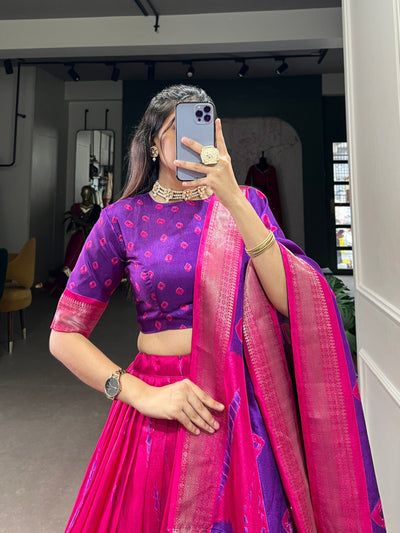 Pink & Purple Shibori Print Dola Silk Lehenga Choli with Zari Weaving Border ✨