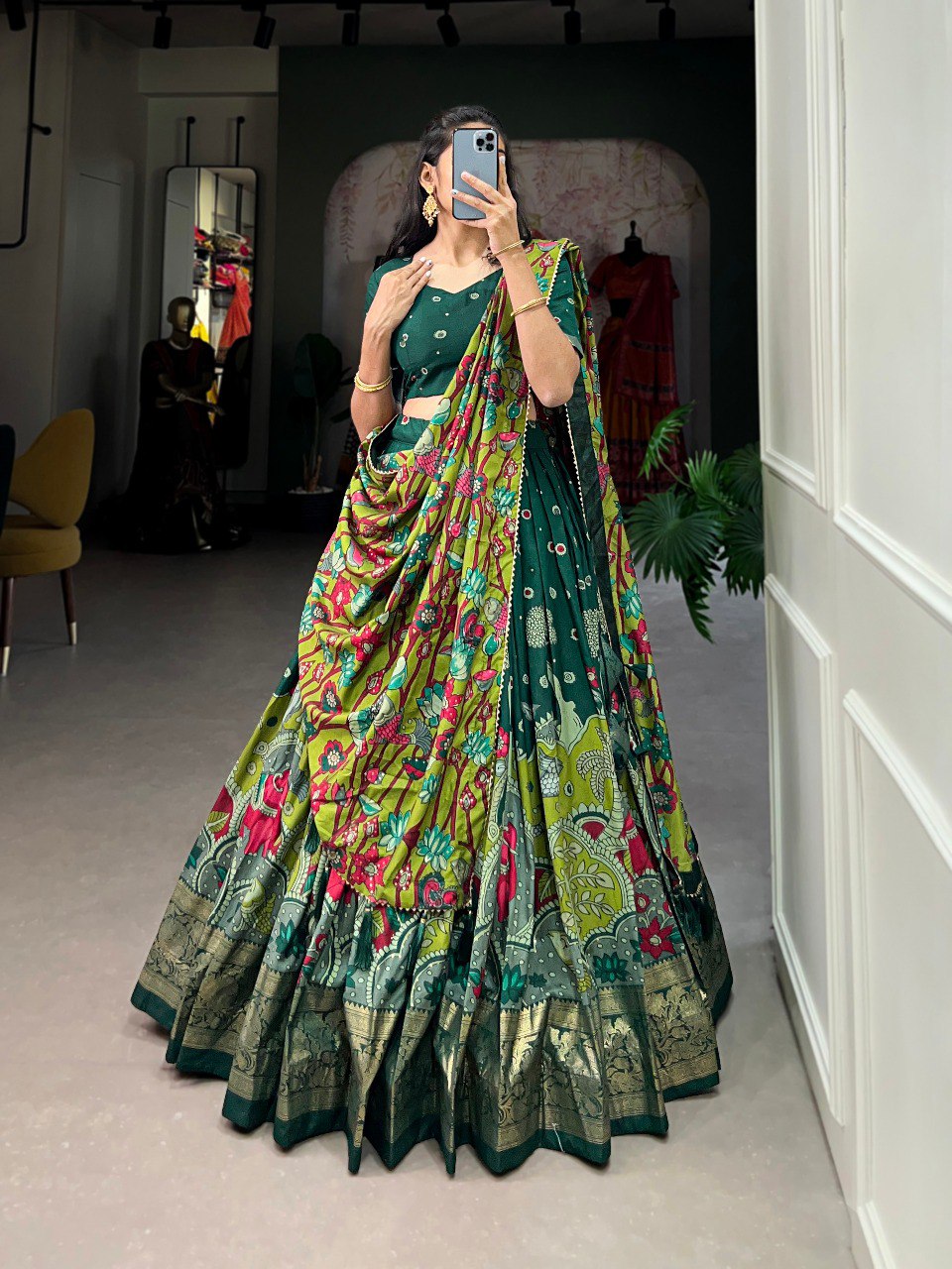 Regal Green & Mustard Kalamkari Print Tussar Silk Lehenga Set