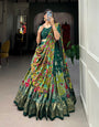 Regal Green & Mustard Kalamkari Print Tussar Silk Lehenga Set