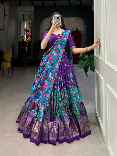 Regal Purple & Teal Tussar Silk Kalamkari Print Lehenga Set