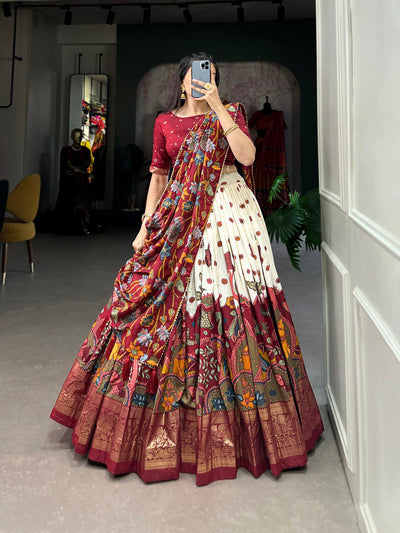 Regal Maroon & Ivory Tussar Silk Kalamkari Print Lehenga Set