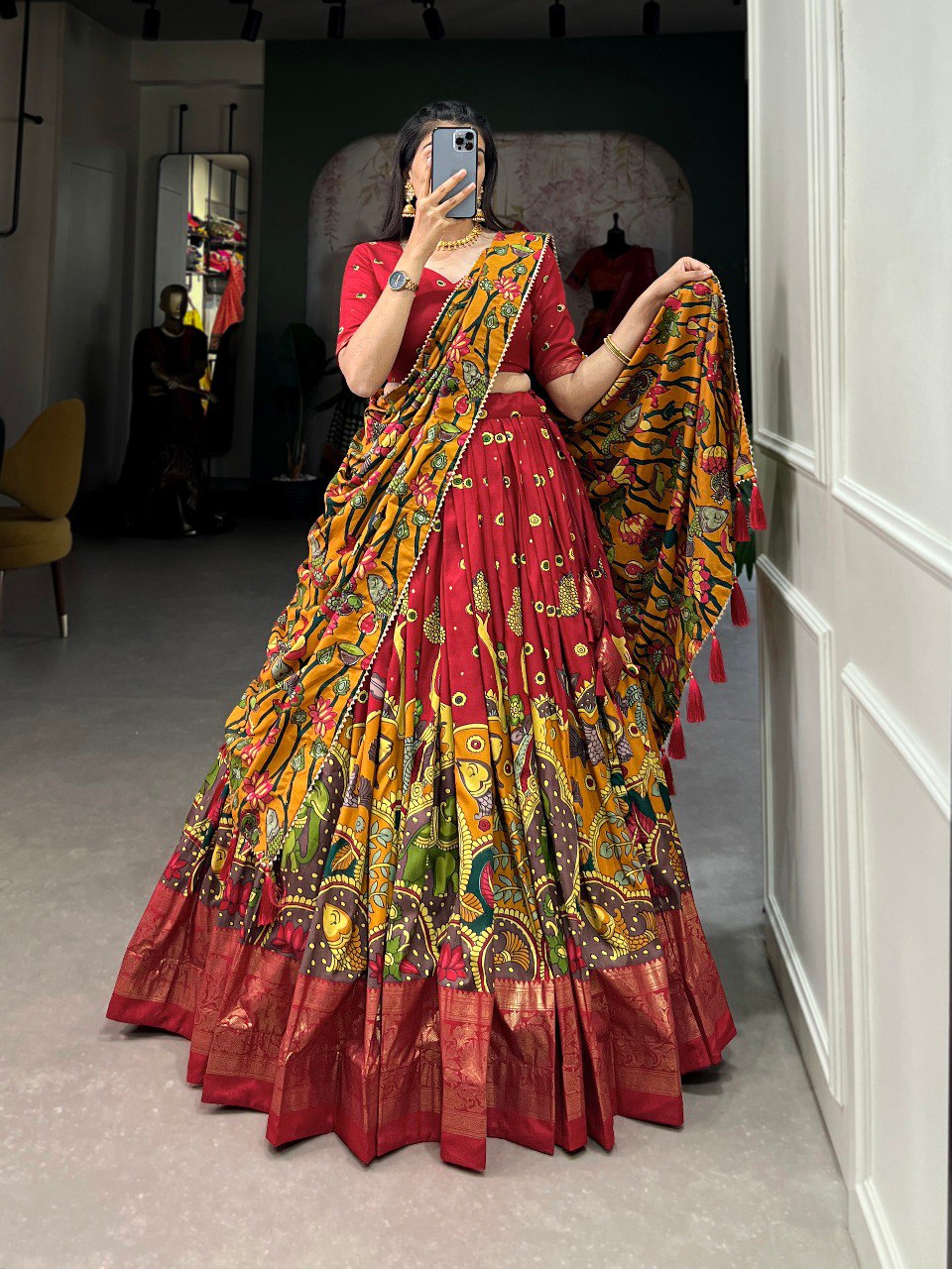 Regal Red & Mustard Tussar Silk Kalamkari Print Lehenga Set