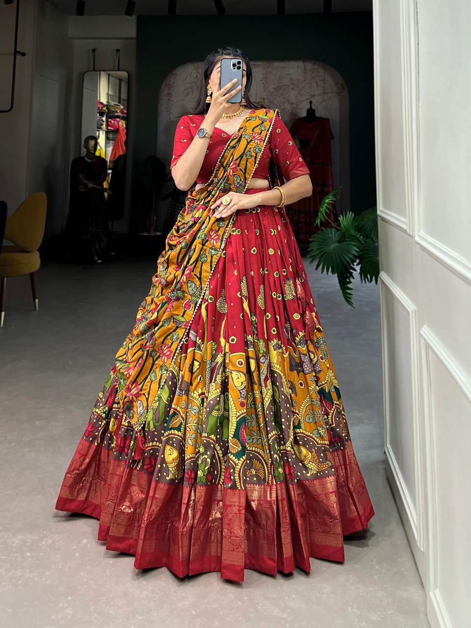 Regal Red & Mustard Tussar Silk Kalamkari Print Lehenga Set