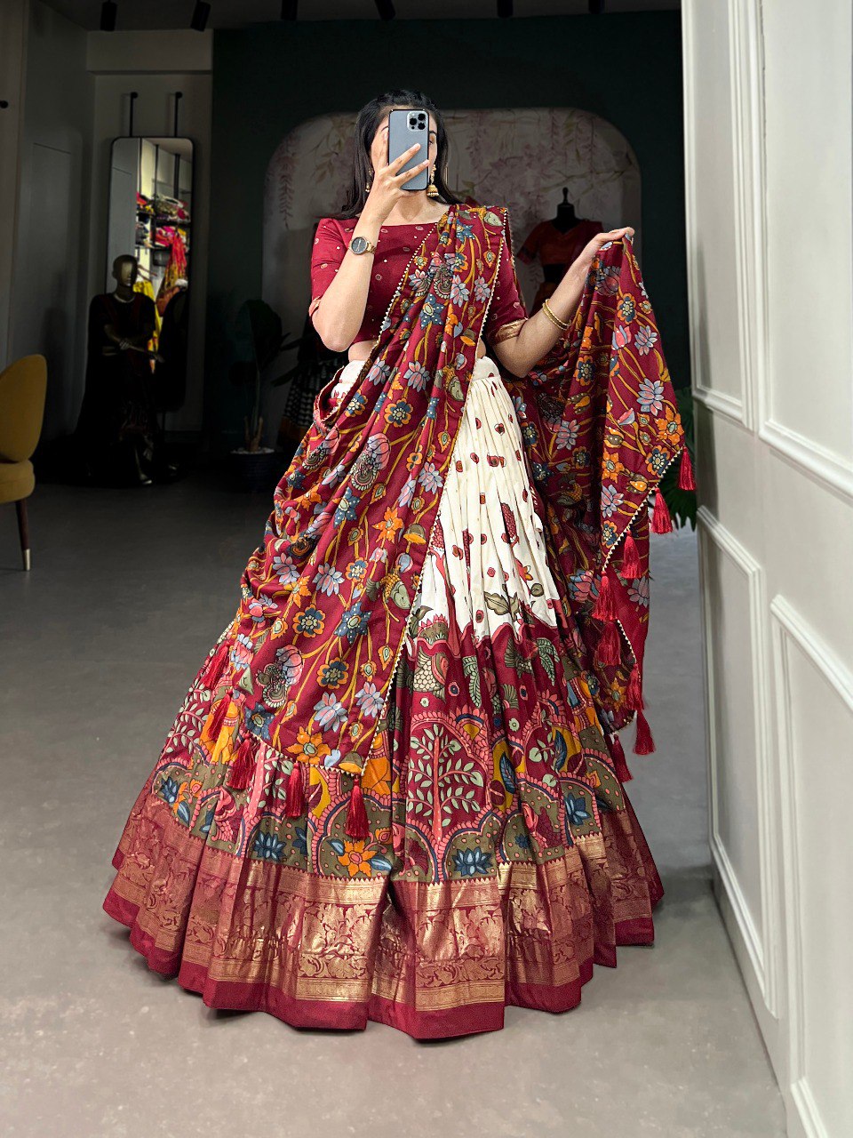 Regal Maroon & Ivory Tussar Silk Kalamkari Print Lehenga Set