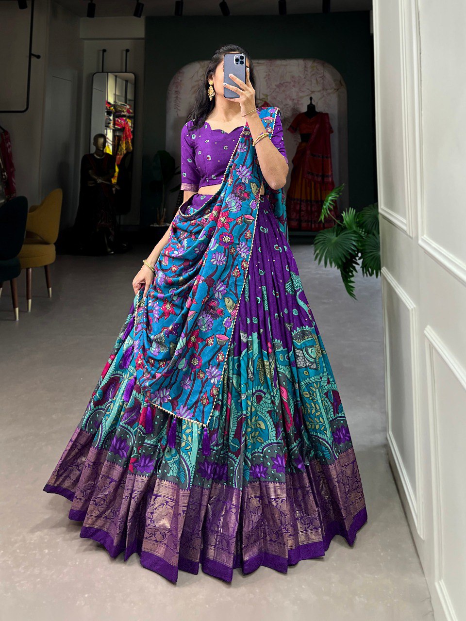 Regal Purple & Teal Tussar Silk Kalamkari Print Lehenga Set