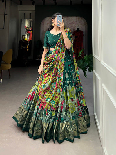 Regal Green & Mustard Kalamkari Print Tussar Silk Lehenga Set