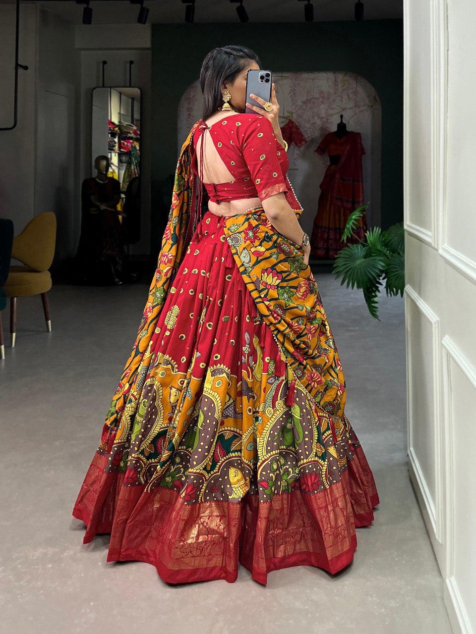 Regal Red & Mustard Tussar Silk Kalamkari Print Lehenga Set