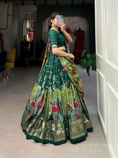 Regal Green & Mustard Kalamkari Print Tussar Silk Lehenga Set