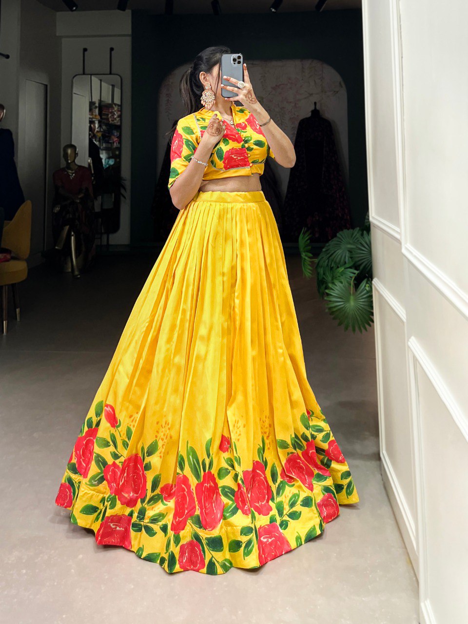 Sunshine Yellow & Red Floral Print Tussar Silk Lehenga Set – Radiate Elegance & Charm 🌼🌹