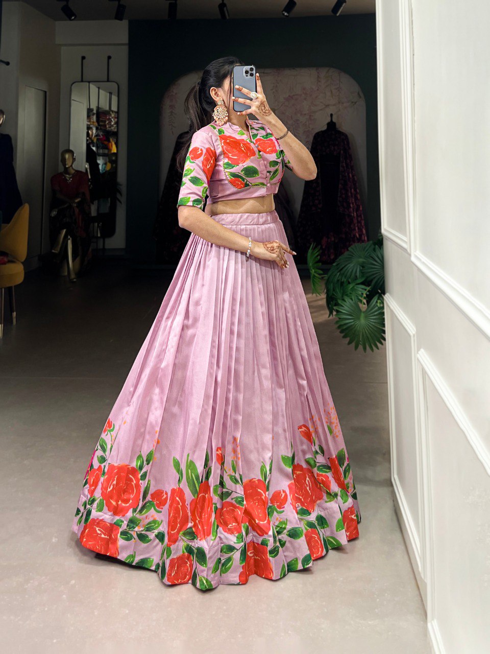 Lavender & Red Floral Print Tussar Silk Lehenga Set – Elegant & Vibrant 🌹✨