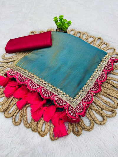 Two-Tone Tissue Soft Saree with Hot Pink Lace and Handmade Tassels