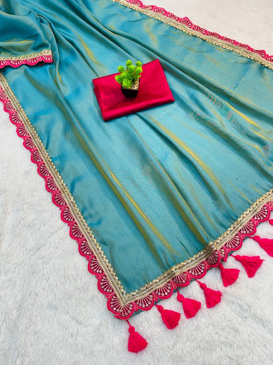 Two-Tone Tissue Soft Saree with Hot Pink Lace and Handmade Tassels