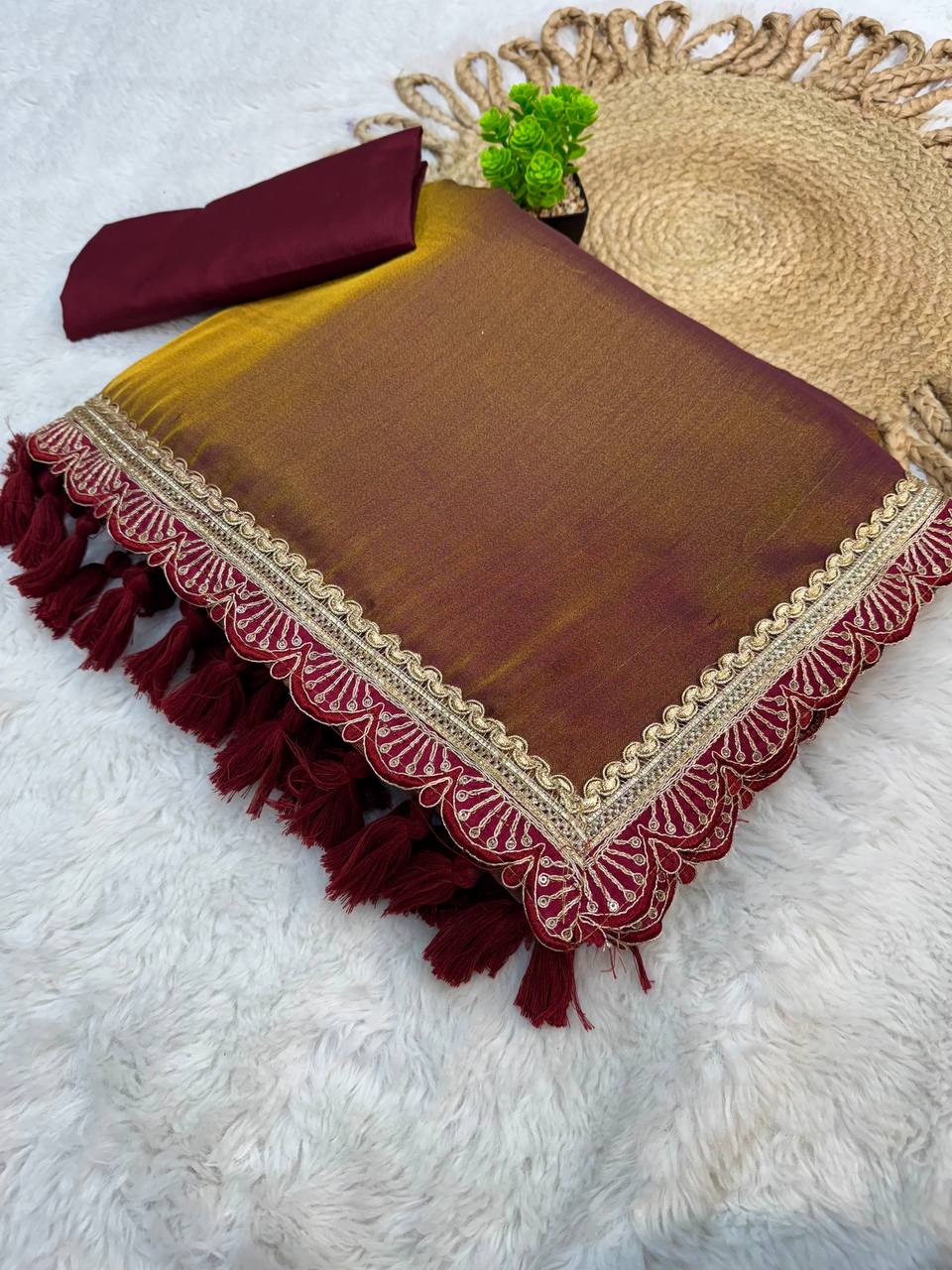 Two-Tone Maroon Tissue Saree with Rich Lace and Handmade Tassels