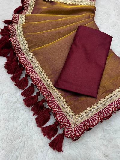 Two-Tone Maroon Tissue Saree with Rich Lace and Handmade Tassels