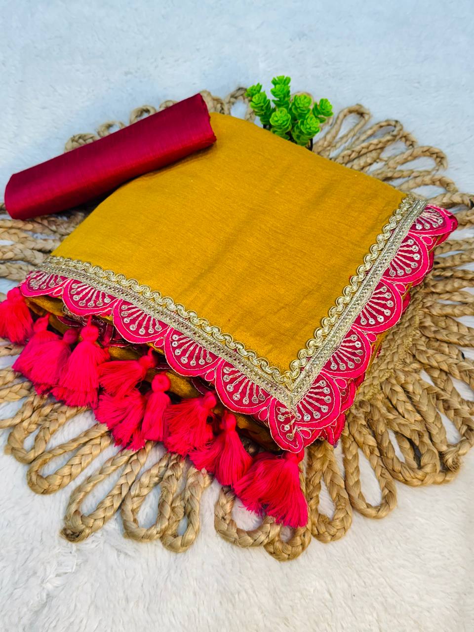 Golden Mustard Tissue Saree with Hot Pink Lace and Handmade Tassels