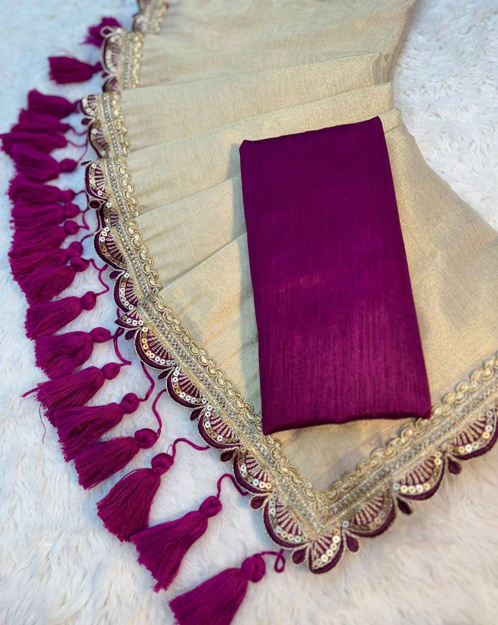 Golden Tissue Soft Saree with Penthar Lace and Purple Tassels