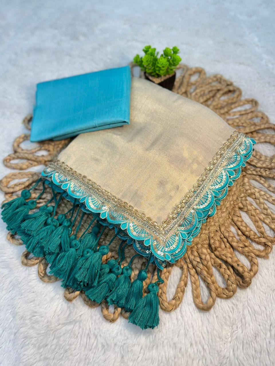 Golden Tissue Soft Saree with Aqua Blue Lace and Handmade Tassels