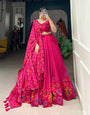 Radiant Pink Tussar Silk Floral Printed Lehenga Set with Foil Work & Tassel Dupatta