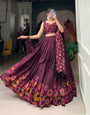 Elegant Plum Tussar Silk Floral Printed Lehenga Set with Foil Detailing & Tassel Dupatta