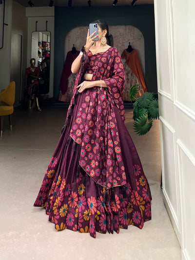 Elegant Plum Tussar Silk Floral Printed Lehenga Set with Foil Detailing & Tassel Dupatta