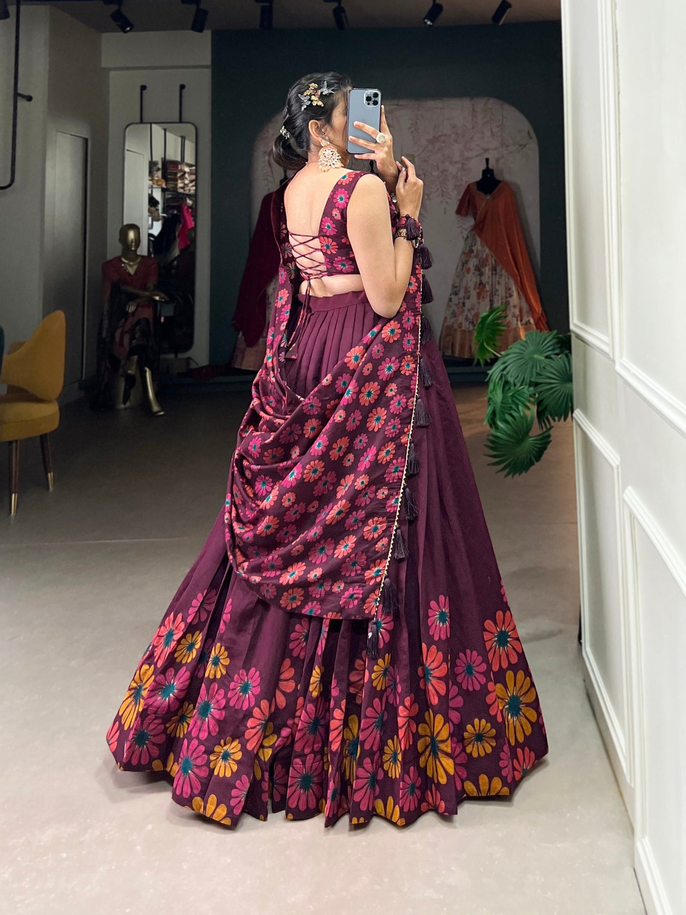 Elegant Plum Tussar Silk Floral Printed Lehenga Set with Foil Detailing & Tassel Dupatta