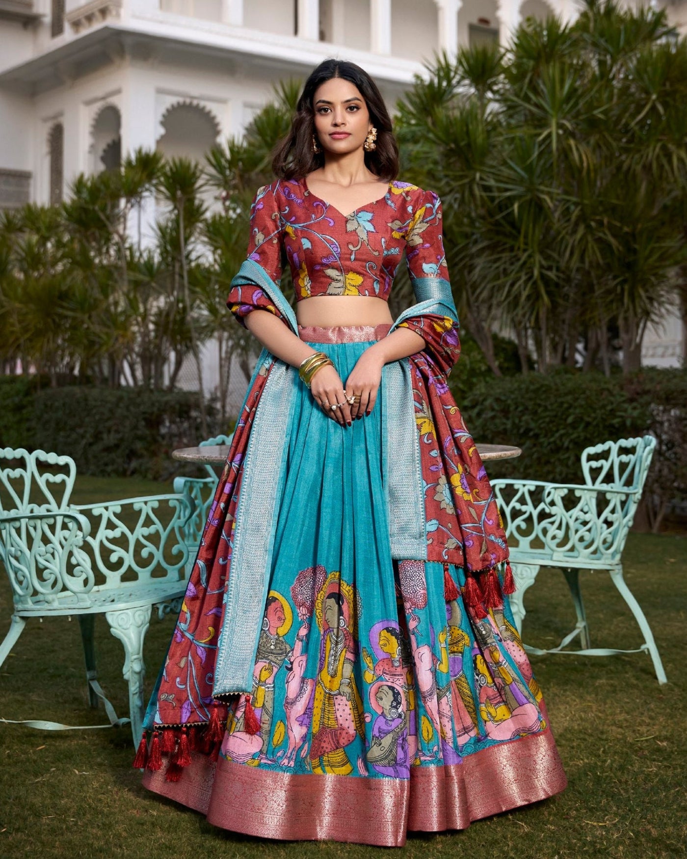 Exquisite Aqua Blue & Rust Dola Silk Kalamkari Lehenga Set with Zari Weaving Border