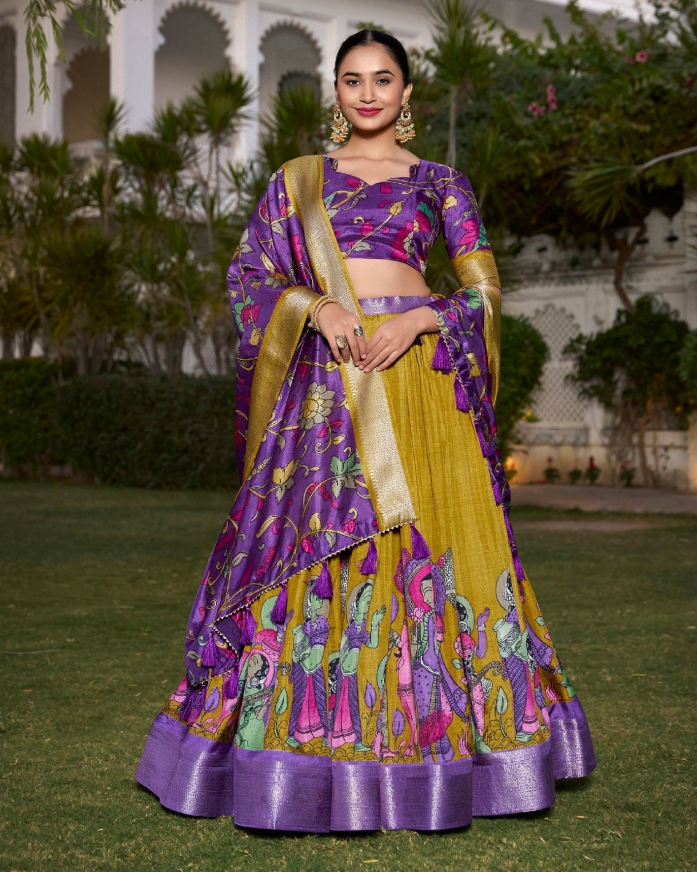 Royal Mustard & Purple Dola Silk Kalamkari Lehenga Set with Zari Weaving Border