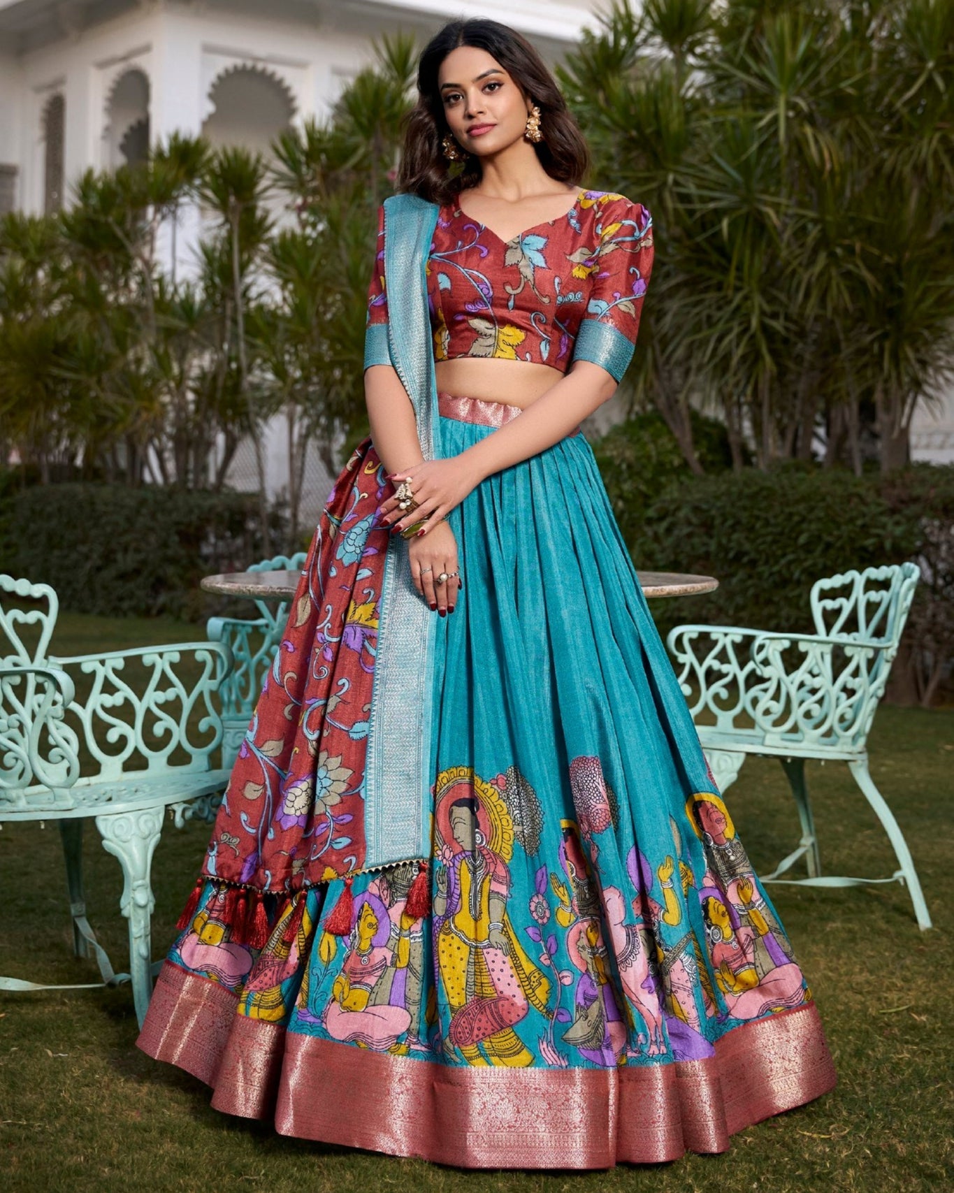 Exquisite Aqua Blue & Rust Dola Silk Kalamkari Lehenga Set with Zari Weaving Border