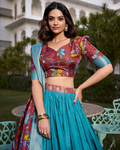 Exquisite Aqua Blue & Rust Dola Silk Kalamkari Lehenga Set with Zari Weaving Border