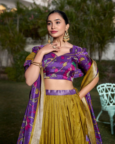 Royal Mustard & Purple Dola Silk Kalamkari Lehenga Set with Zari Weaving Border