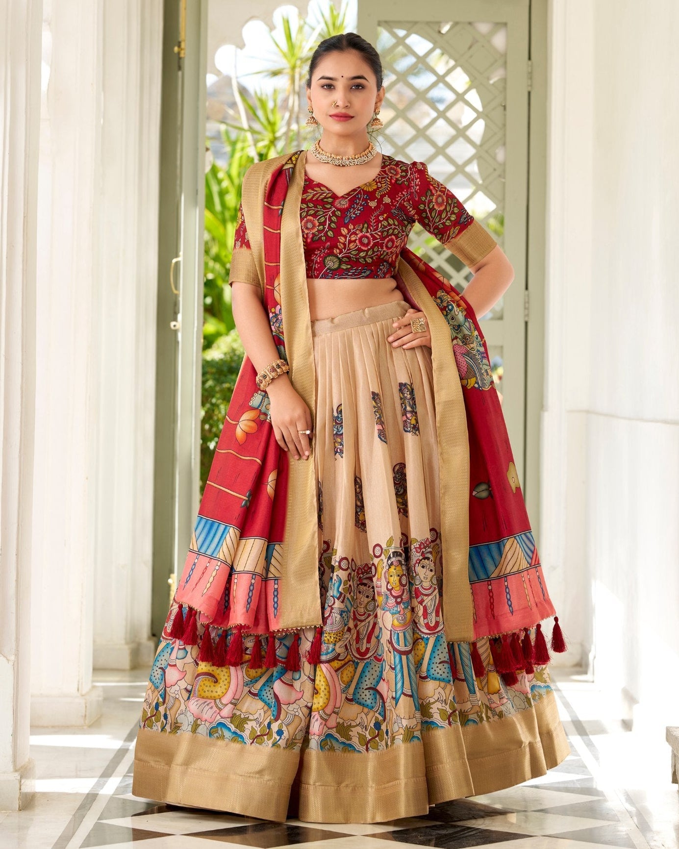 Regal Beige & Red Kalamkari Print Tussar Silk Lehenga Set