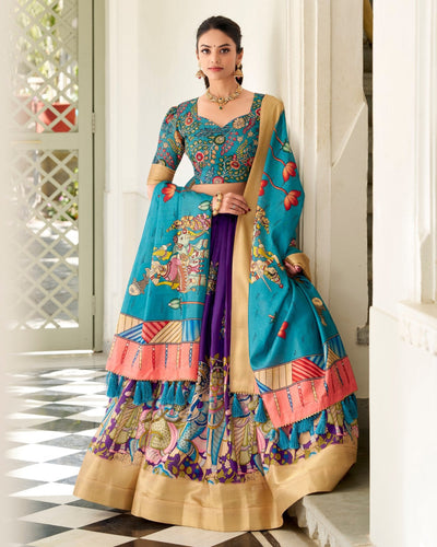 Purple & Teal Kalamkari Print Tussar Silk Lehenga Set