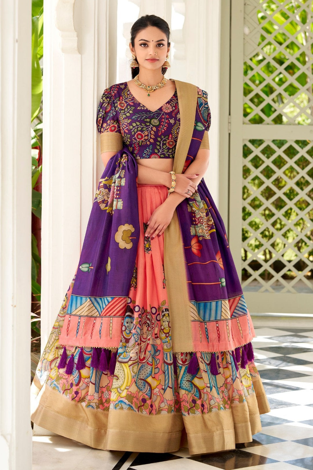 Purple & Peach Kalamkari Print Tussar Silk Lehenga Set