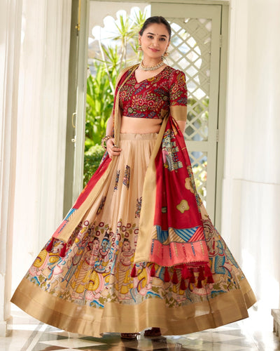 Regal Beige & Red Kalamkari Print Tussar Silk Lehenga Set