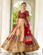 Regal Beige & Red Kalamkari Print Tussar Silk Lehenga Set