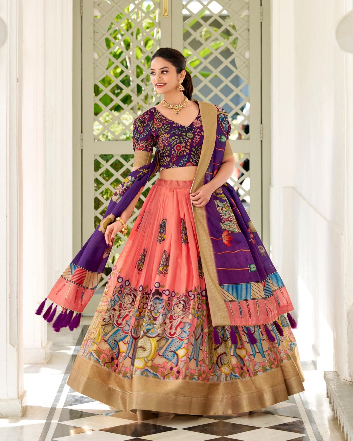 Purple & Peach Kalamkari Print Tussar Silk Lehenga Set