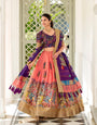 Purple & Peach Kalamkari Print Tussar Silk Lehenga Set