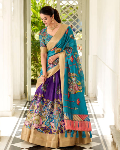 Purple & Teal Kalamkari Print Tussar Silk Lehenga Set