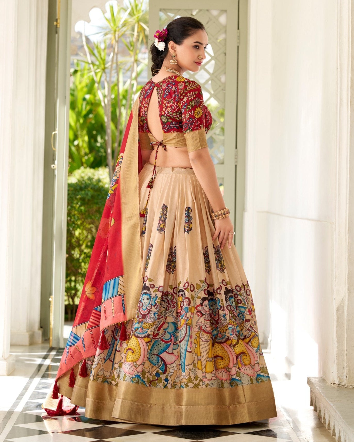 Regal Beige & Red Kalamkari Print Tussar Silk Lehenga Set