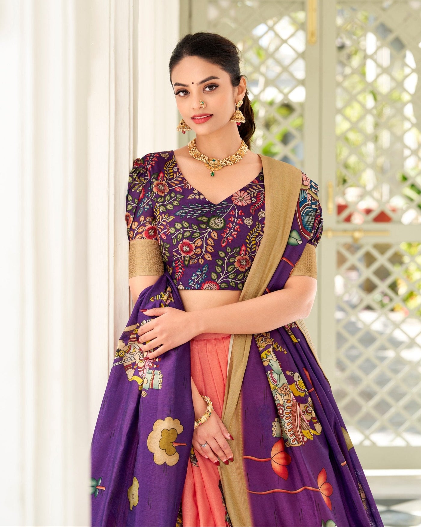 Purple & Peach Kalamkari Print Tussar Silk Lehenga Set