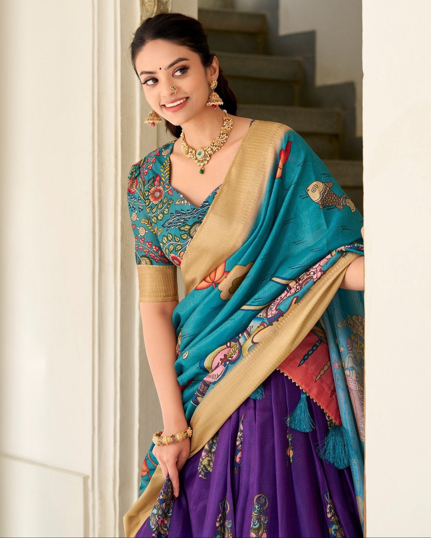 Purple & Teal Kalamkari Print Tussar Silk Lehenga Set