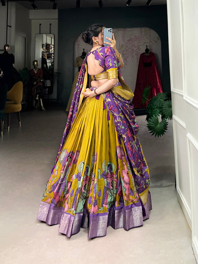 Royal Mustard & Purple Dola Silk Kalamkari Lehenga Set with Zari Weaving Border