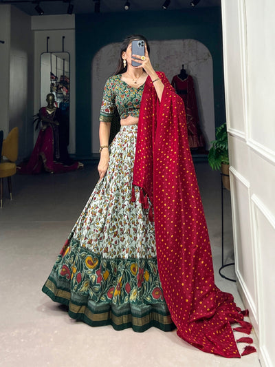 Blooming Elegance: Tussar Silk Floral Print Lehenga with Bandhej Dupatta