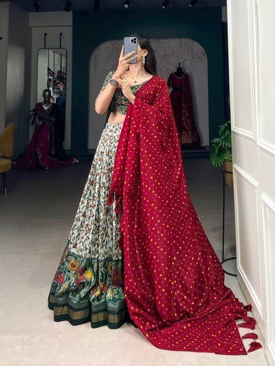 Blooming Elegance: Tussar Silk Floral Print Lehenga with Bandhej Dupatta