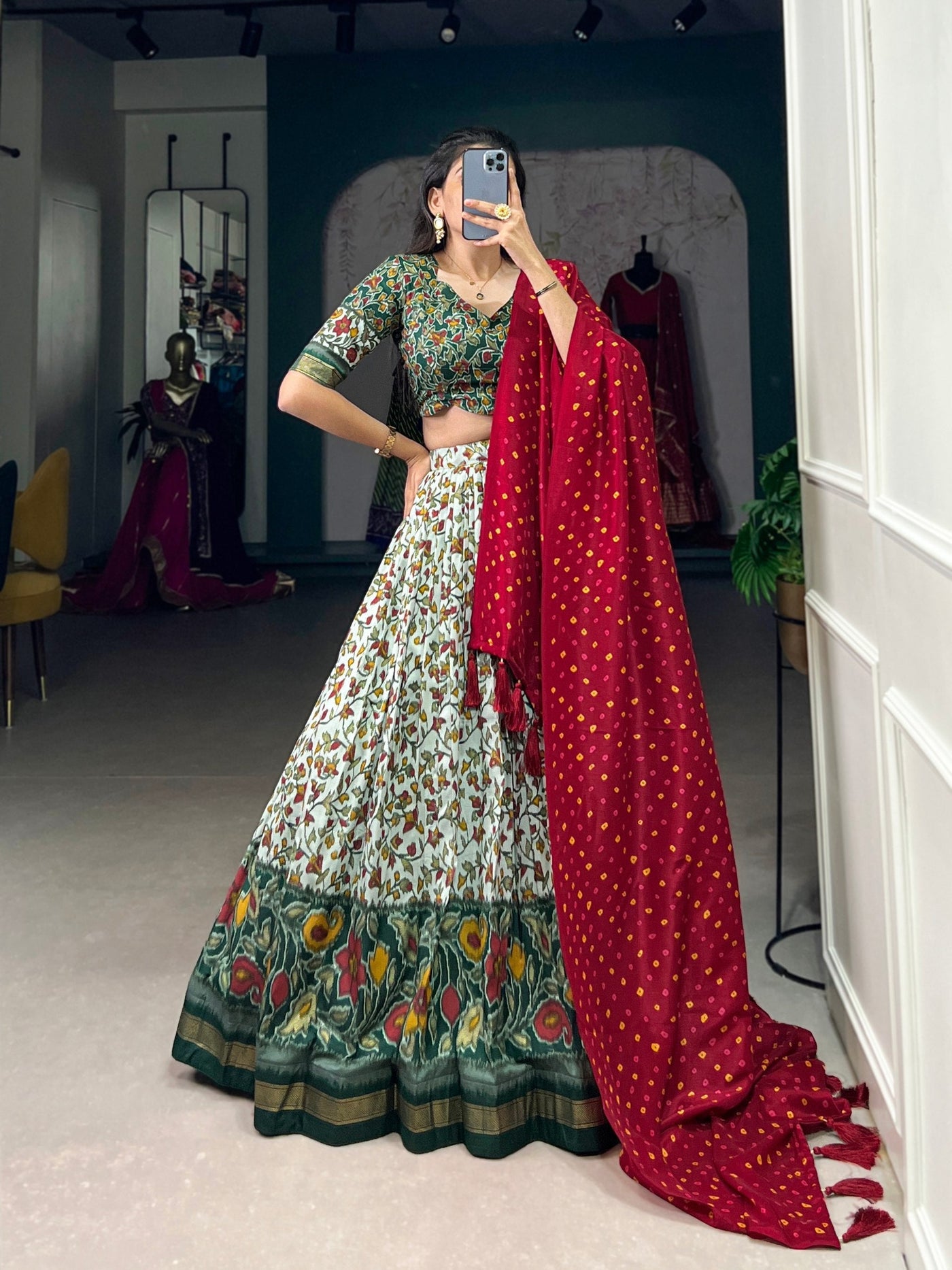 Blooming Elegance: Tussar Silk Floral Print Lehenga with Bandhej Dupatta