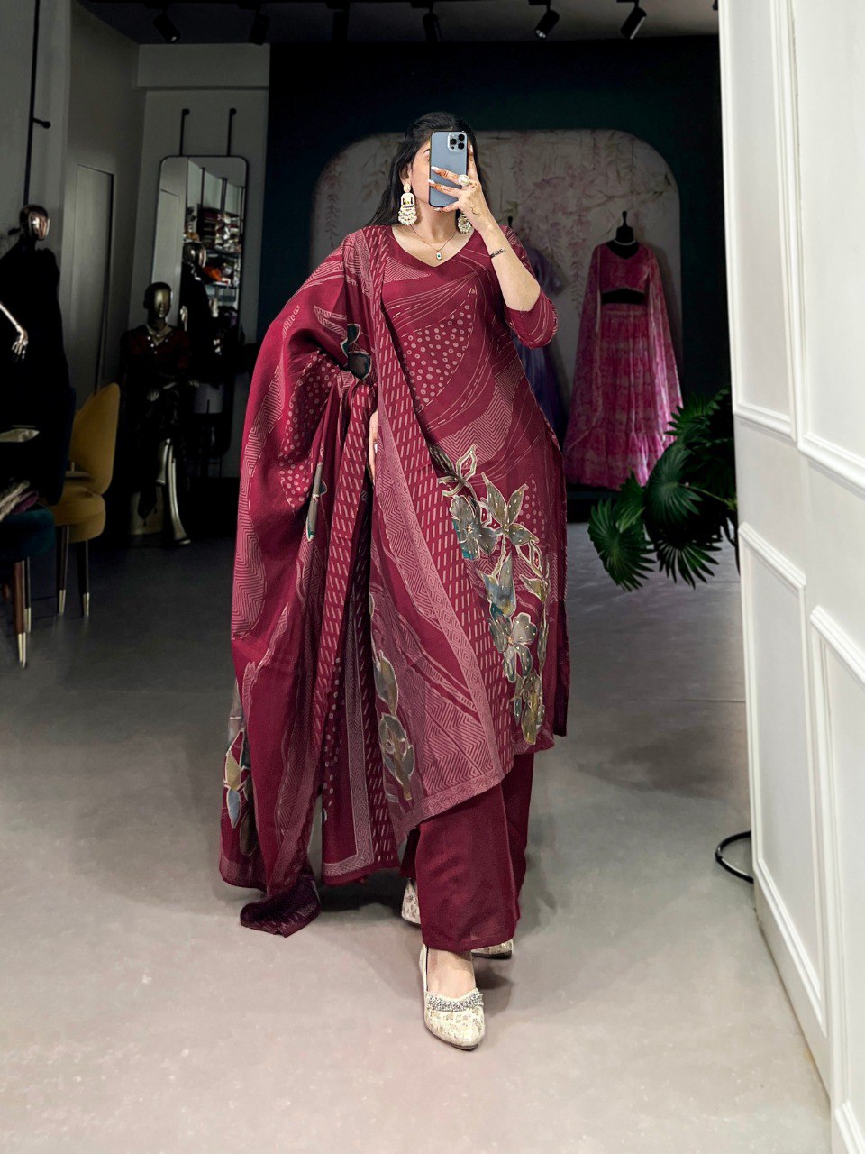 Maroon Floral Print Roman Silk Salwar Suit with Beaded Handwork – Elegance with Comfort 💫